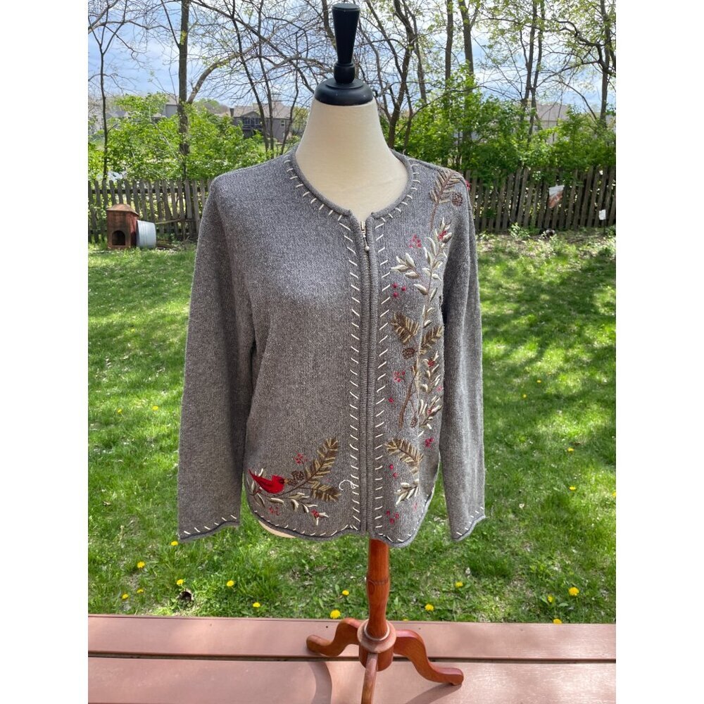Croft & Barrow Womens XL Gray Floral Embroidered Cardigan Sweater With Stitch Ac